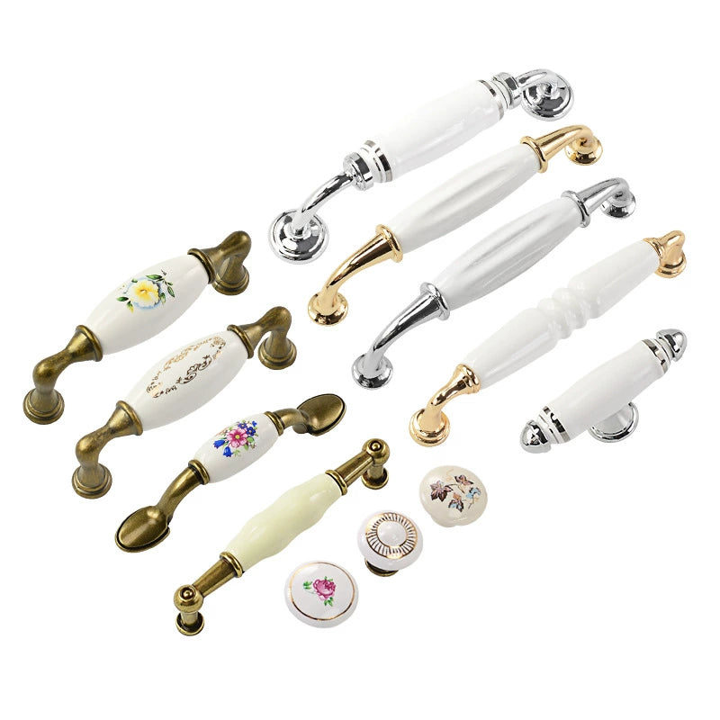 Vintage printed ceramic handle cabinet door handle furniture hardware wardrobe drawer cabinet handle